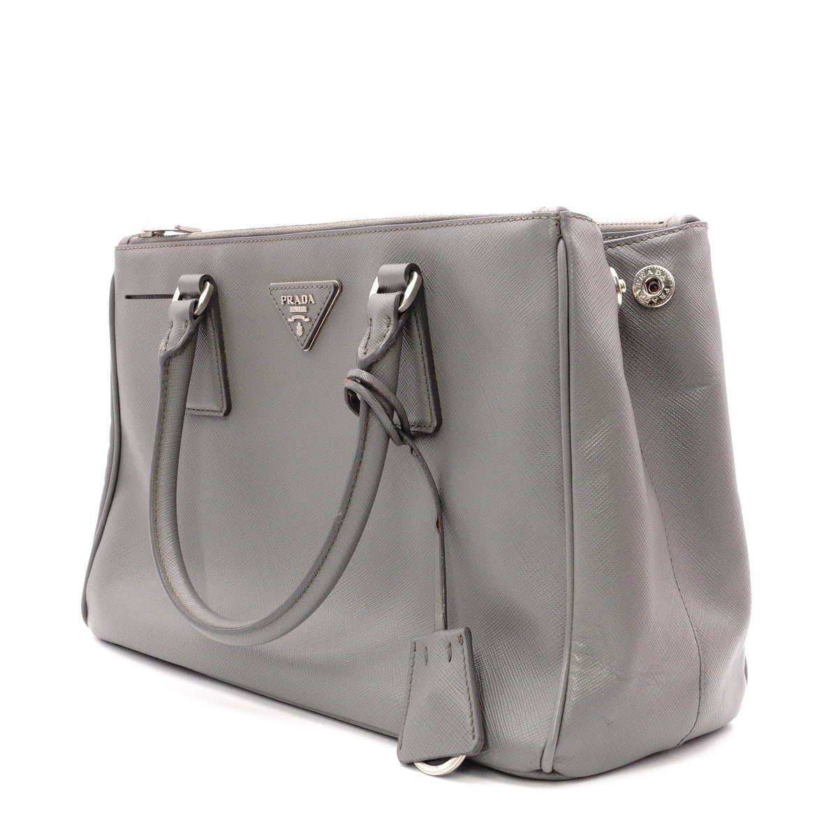 PRADA Galleria Handbag, Leather, Gray, Women's, 2-Way Crossbody, Silver Hardware, Triangle Logo