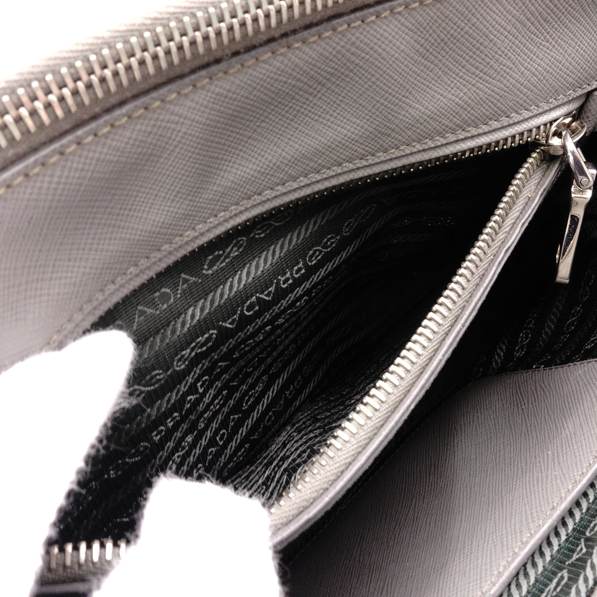 PRADA Galleria Handbag, Leather, Gray, Women's, 2-Way Crossbody, Silver Hardware, Triangle Logo