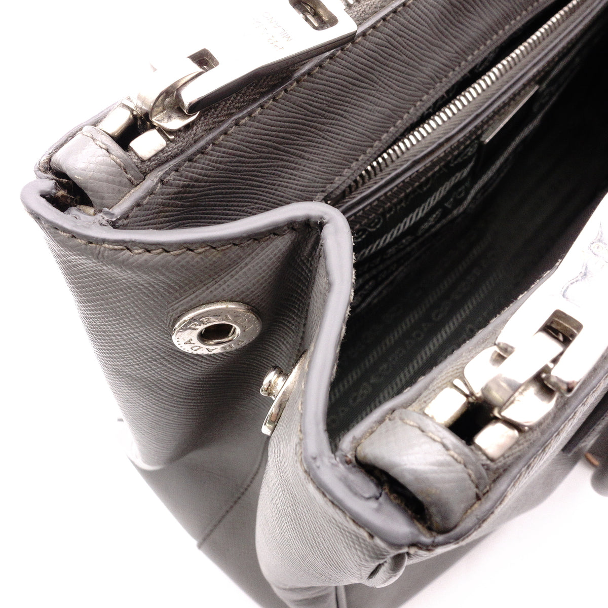 PRADA Galleria Handbag, Leather, Gray, Women's, 2-Way Crossbody, Silver Hardware, Triangle Logo