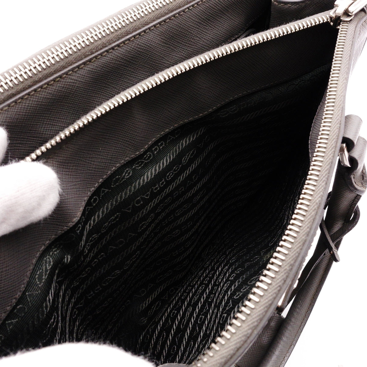 PRADA Galleria Handbag, Leather, Gray, Women's, 2-Way Crossbody, Silver Hardware, Triangle Logo