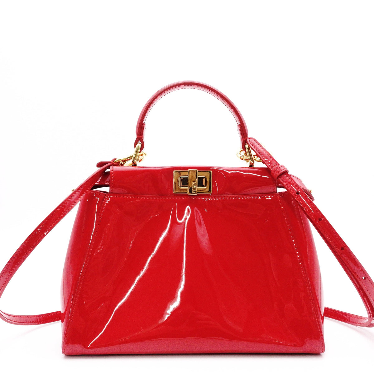 FENDI Peekaboo Mini Handbag, Patent Leather, Red, Women's, 2-Way, Red, Gold Hardware, Crossbody