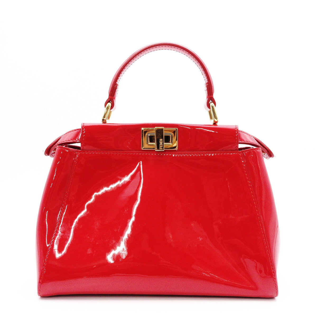 FENDI Peekaboo Mini Handbag, Patent Leather, Red, Women's, 2-Way, Red, Gold Hardware, Crossbody