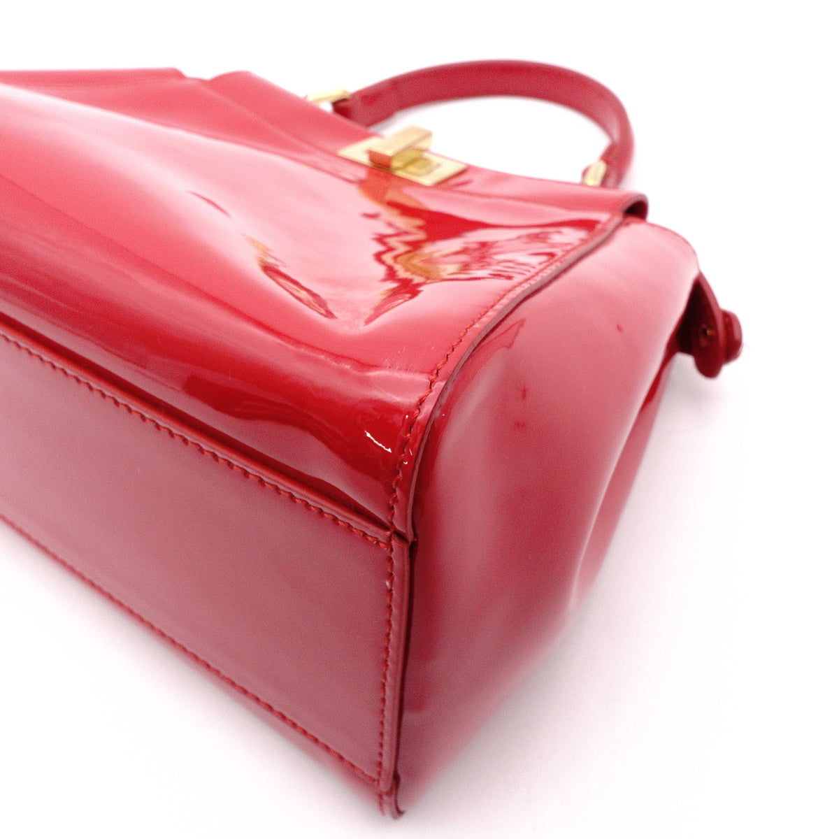 FENDI Peekaboo Mini Handbag, Patent Leather, Red, Women's, 2-Way, Red, Gold Hardware, Crossbody