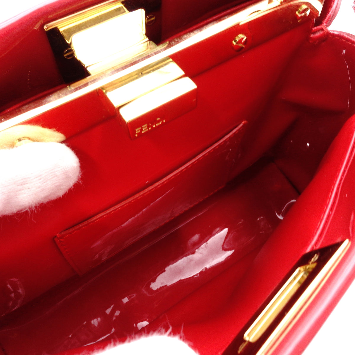 FENDI Peekaboo Mini Handbag, Patent Leather, Red, Women's, 2-Way, Red, Gold Hardware, Crossbody