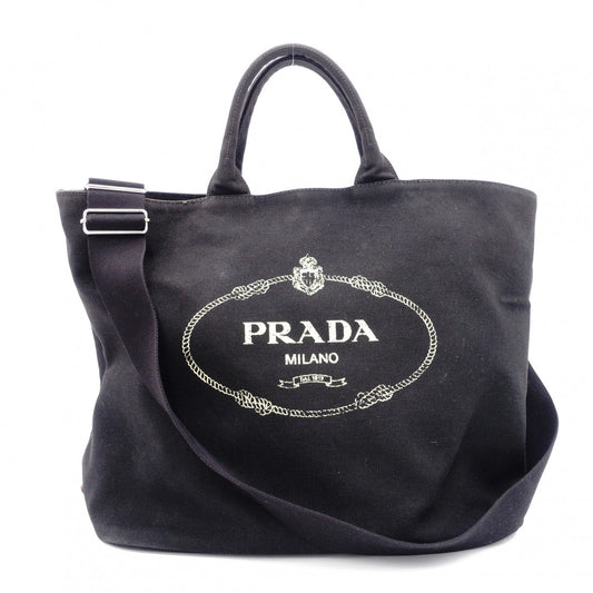 PRADA Canapa Tote Bag, Canvas, Black, 2-Way, Logo, Crossbody