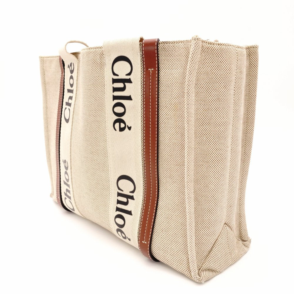Chloe Woody Shoulder Bag Leather/Canvas Beige