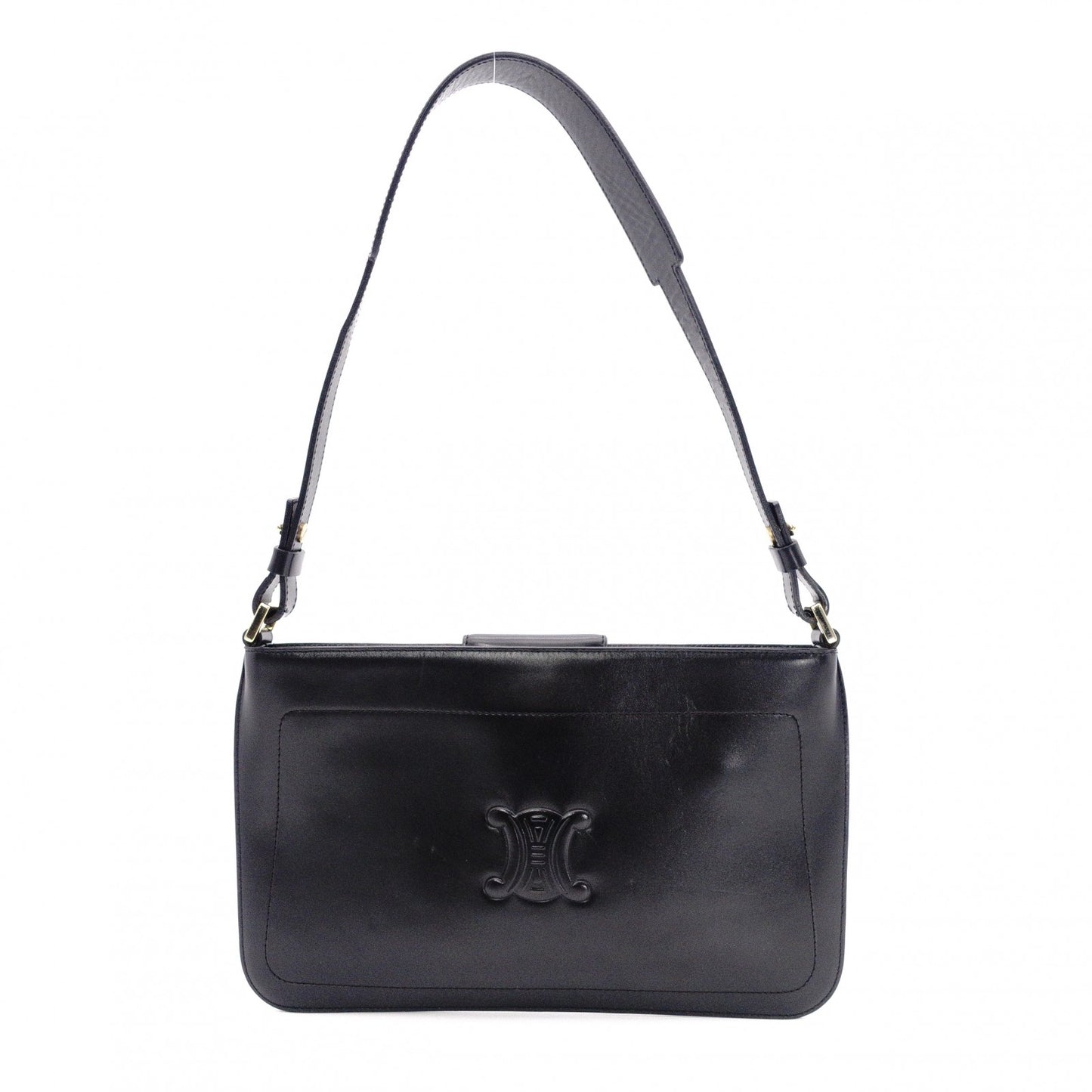 CELINE Macadam Shoulder Bag, Leather, Black, Single Strap, Black with Gold Hardware
