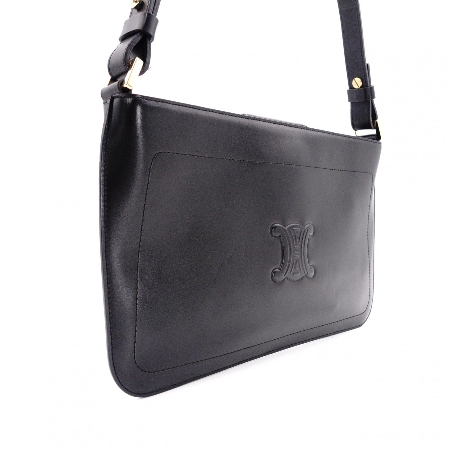 CELINE Macadam Shoulder Bag, Leather, Black, Single Strap, Black with Gold Hardware