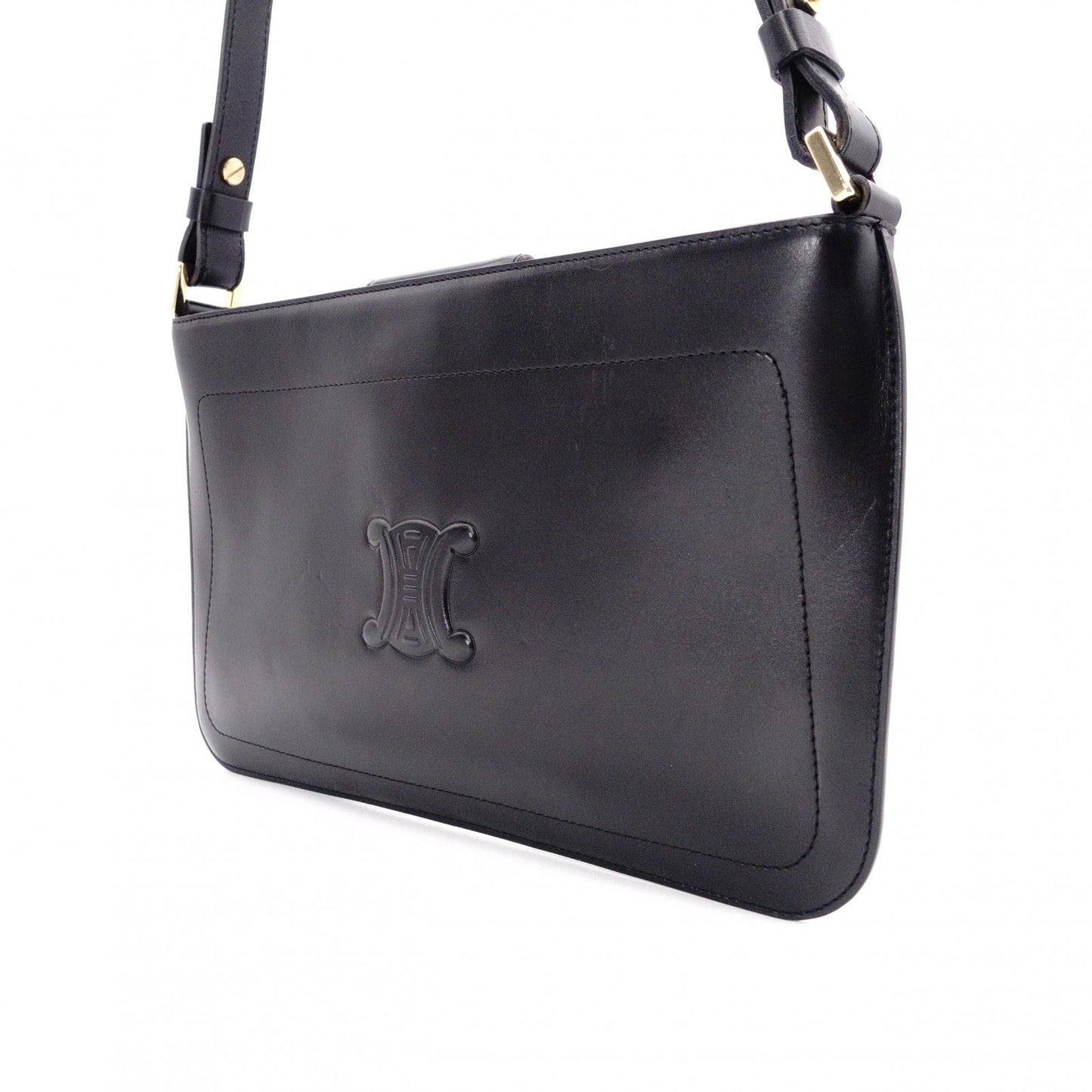 CELINE Macadam Shoulder Bag, Leather, Black, Single Strap, Black with Gold Hardware