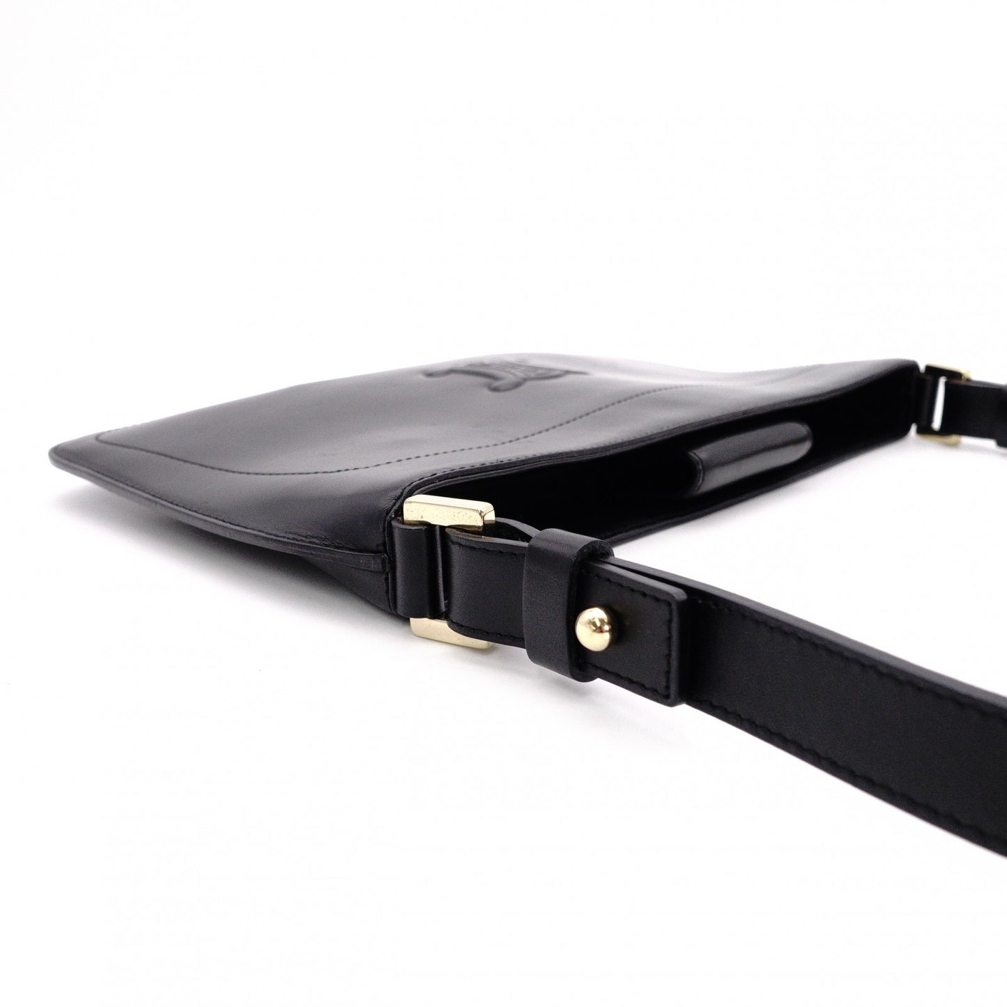 CELINE Macadam Shoulder Bag, Leather, Black, Single Strap, Black with Gold Hardware