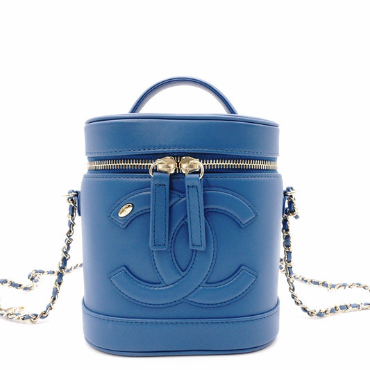 CHANEL Chain Shoulder Vanity Bag, Handbag, Leather, Blue, Women's, 2-Way, Gold Hardware