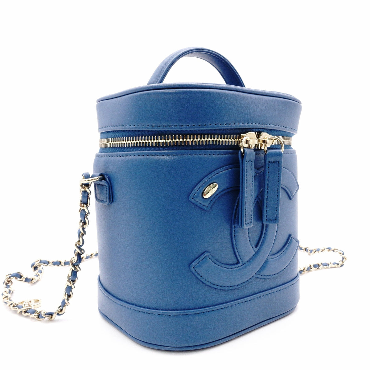 CHANEL Chain Shoulder Vanity Bag, Handbag, Leather, Blue, Women's, 2-Way, Gold Hardware