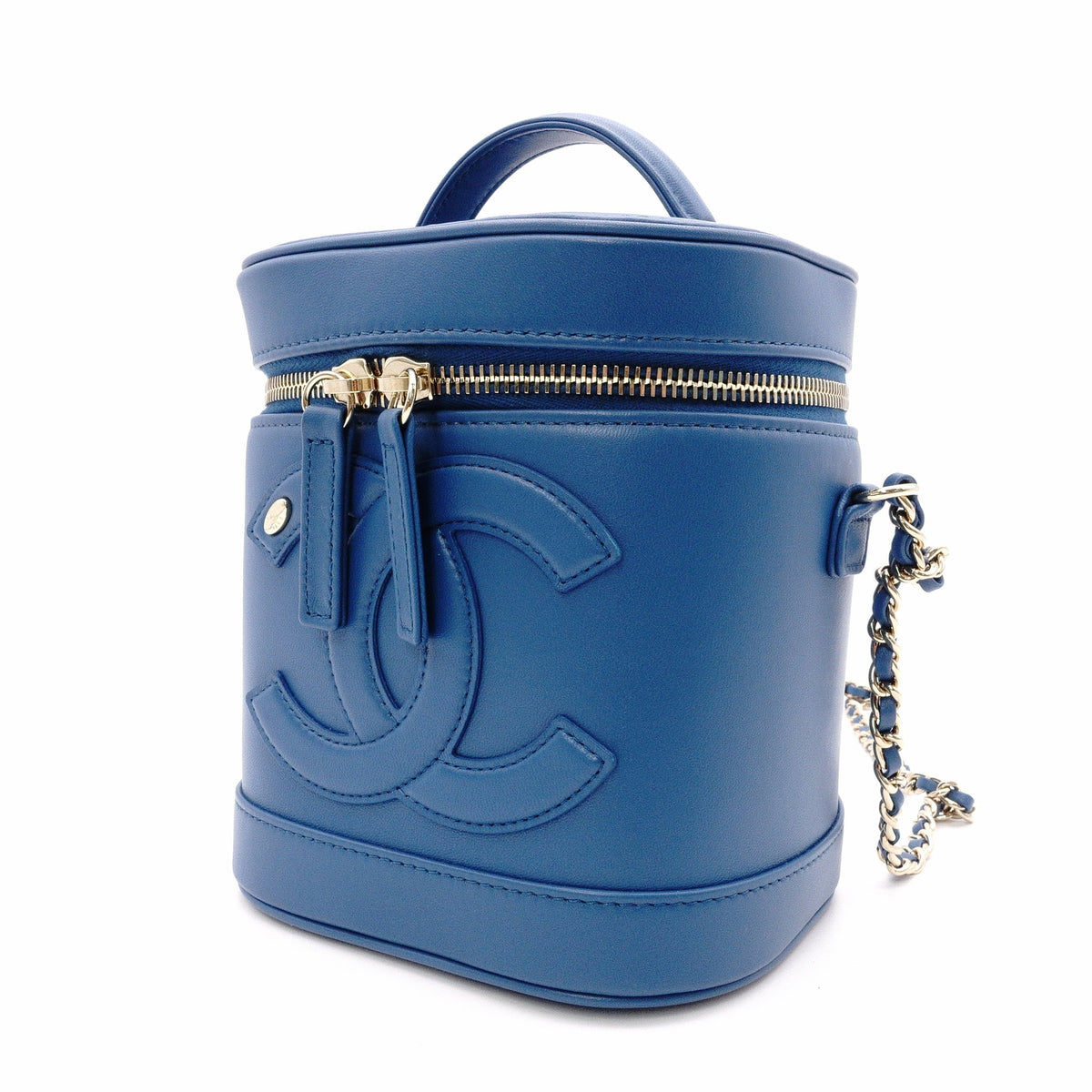 CHANEL Chain Shoulder Vanity Bag, Handbag, Leather, Blue, Women's, 2-Way, Gold Hardware