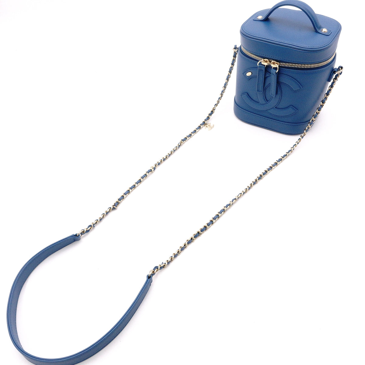 CHANEL Chain Shoulder Vanity Bag, Handbag, Leather, Blue, Women's, 2-Way, Gold Hardware