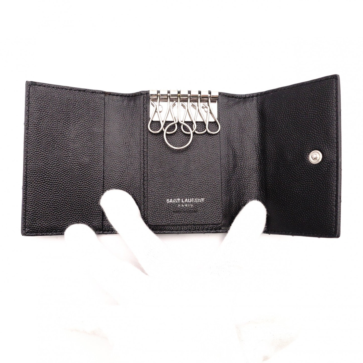 SAINT LAURENT Cassandra Key Case, Leather, Black, YSL, Silver Hardware