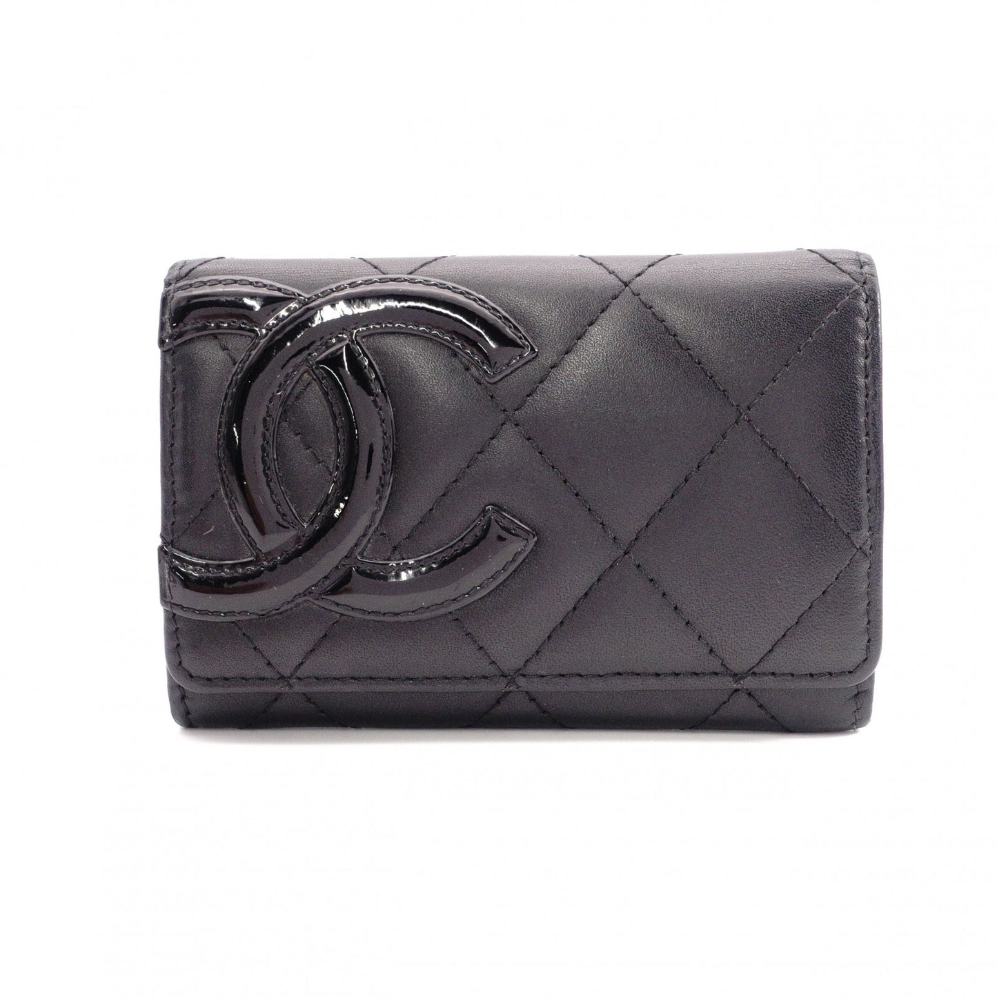 CHANEL Lambskin Cambon Line Card Case, Leather, Black, Business Card Holder