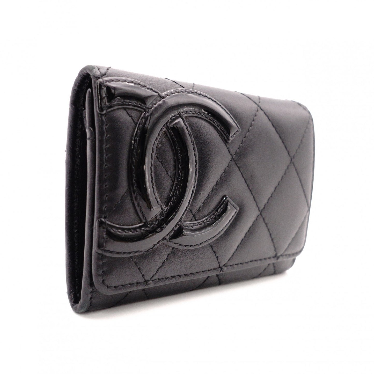 CHANEL Lambskin Cambon Line Card Case, Leather, Black, Business Card Holder