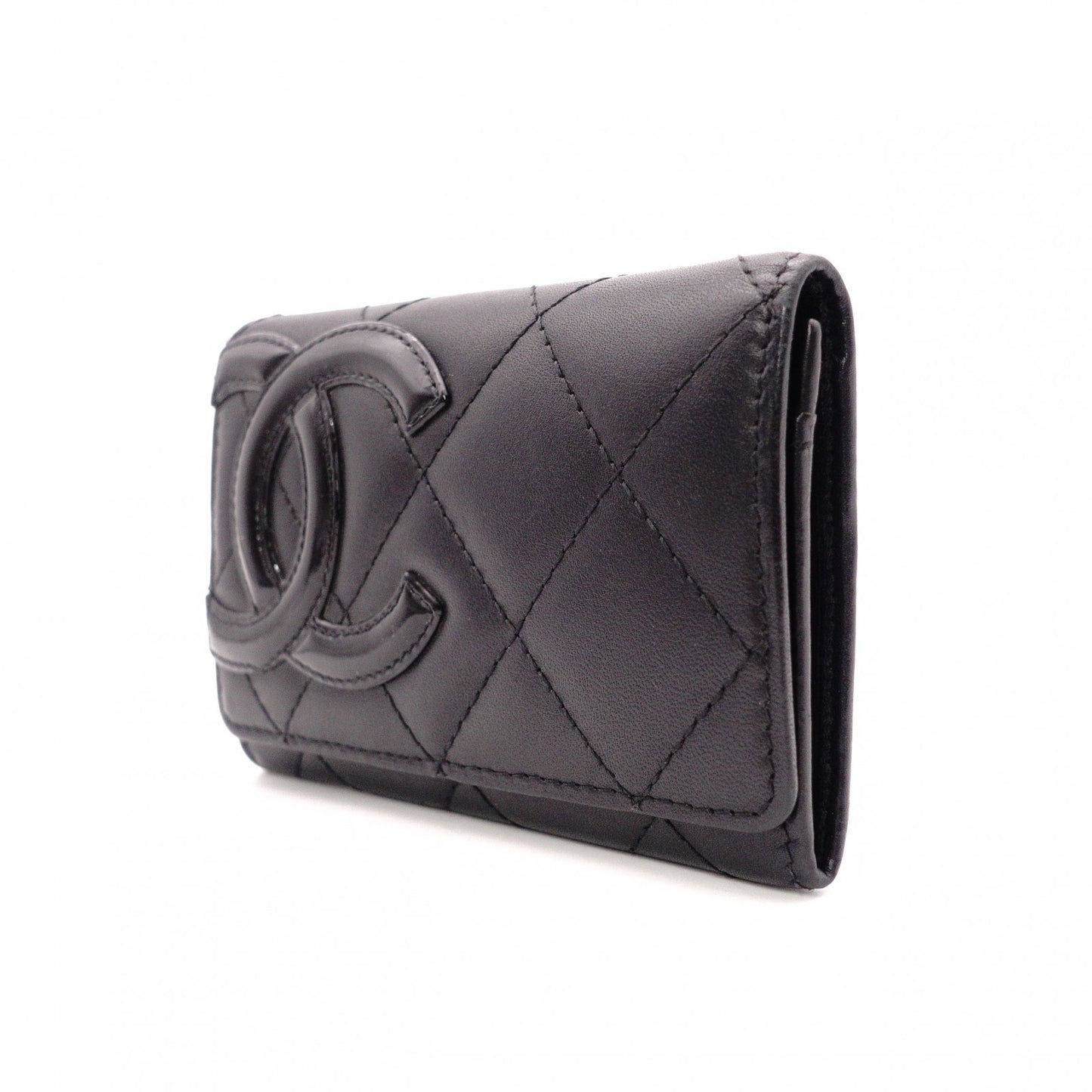 CHANEL Lambskin Cambon Line Card Case, Leather, Black, Business Card Holder