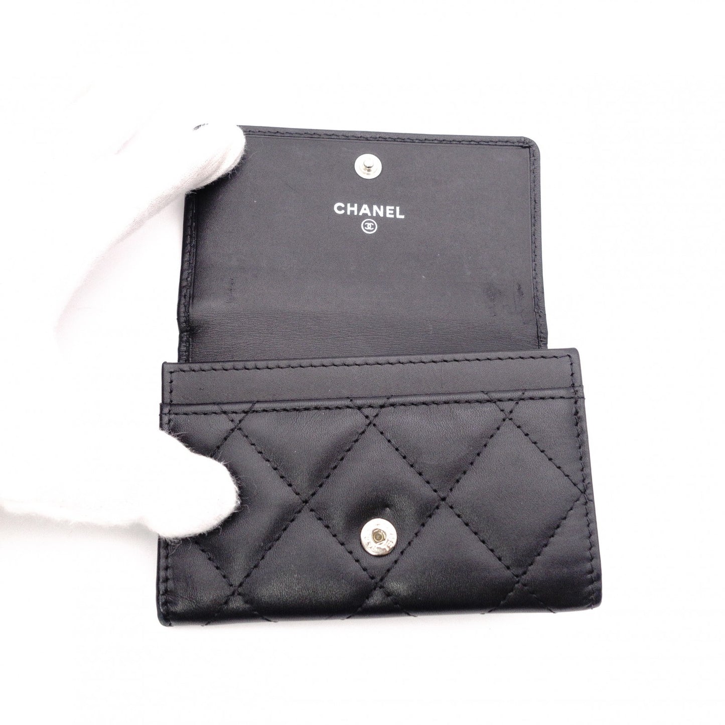 CHANEL Lambskin Cambon Line Card Case, Leather, Black, Business Card Holder