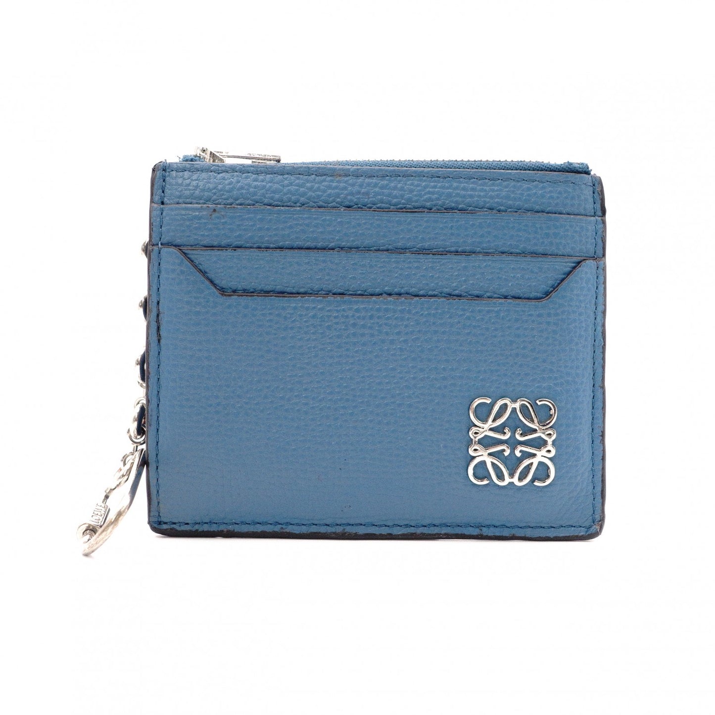 LOEWE Anagram Coin Case, Leather, Turquoise Blue, Logo, Silver Hardware, Card Case