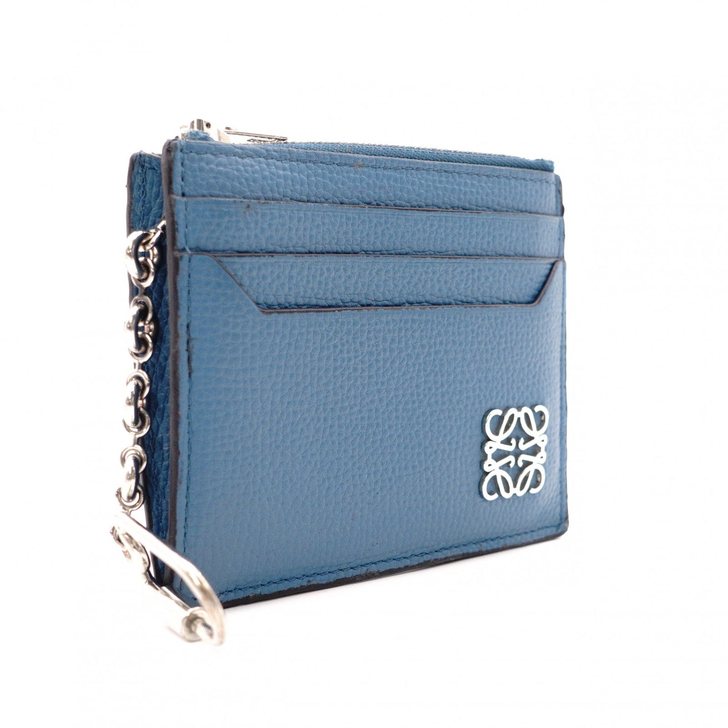 LOEWE Anagram Coin Case, Leather, Turquoise Blue, Logo, Silver Hardware, Card Case