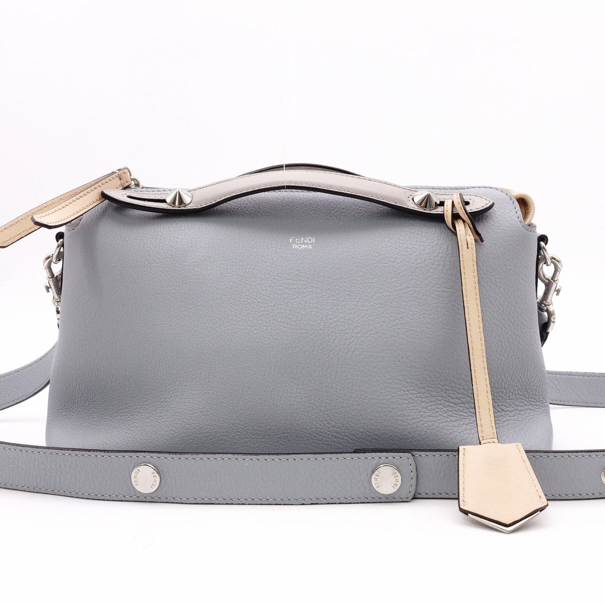 FENDI By the Way Handbag, Leather, Blue-Gray, Women's, 2-Way, Beige, Crossbody, Silver Hardware