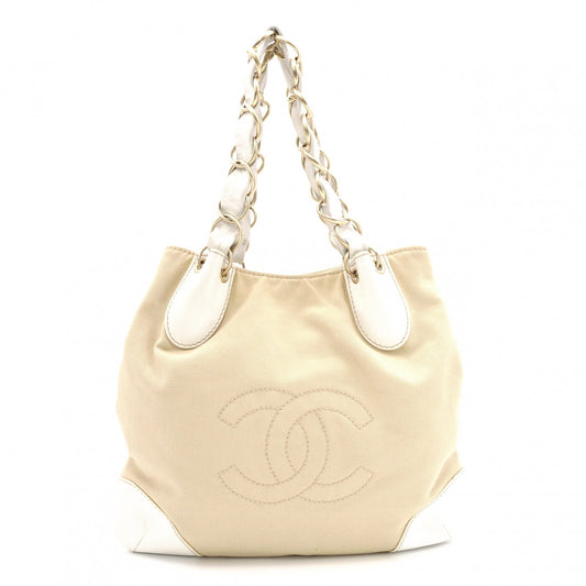 CHANEL Chain Tote Bag, Olsen Shoulder Bag, Canvas and Leather, Beige
