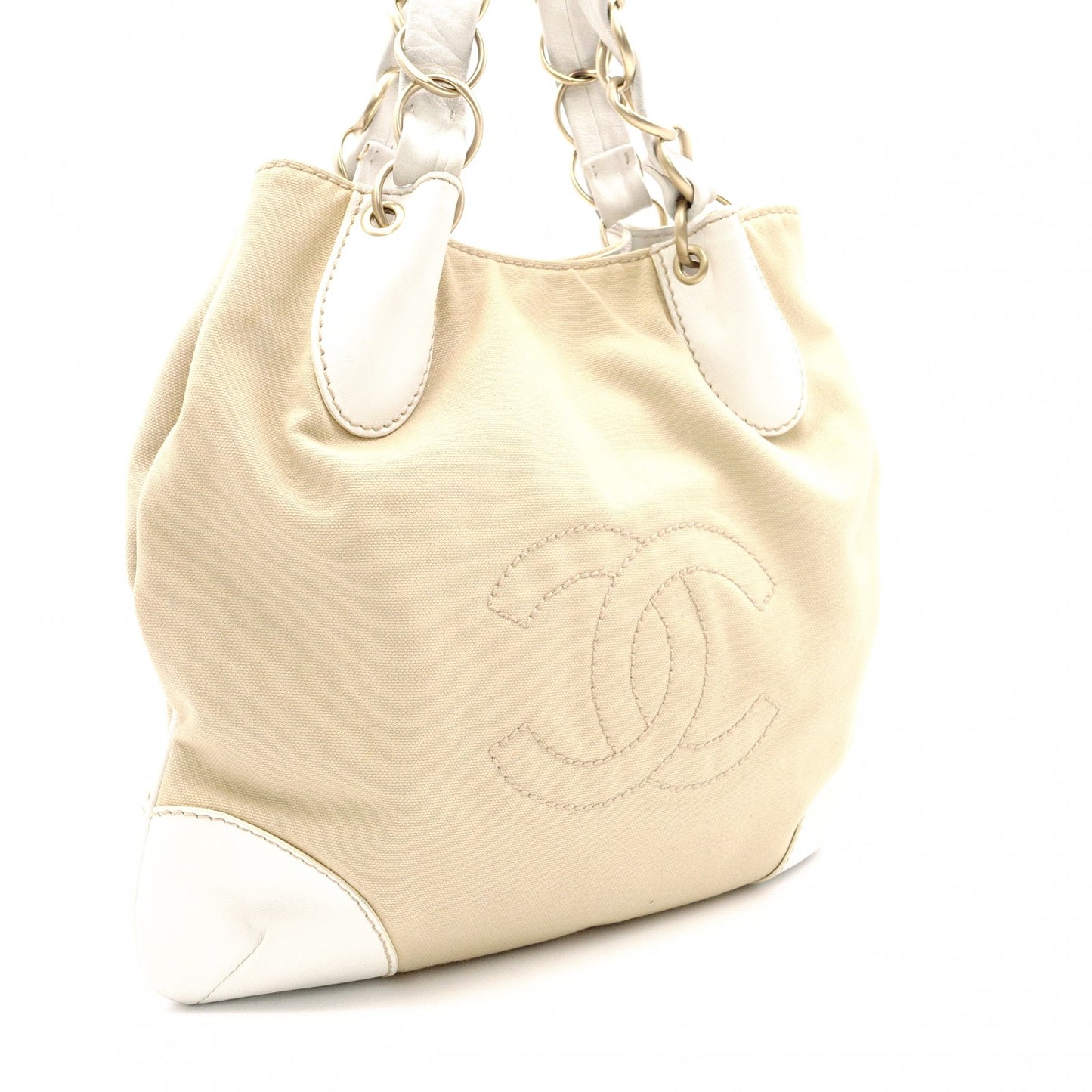 CHANEL Chain Tote Bag, Olsen Shoulder Bag, Canvas and Leather, Beige