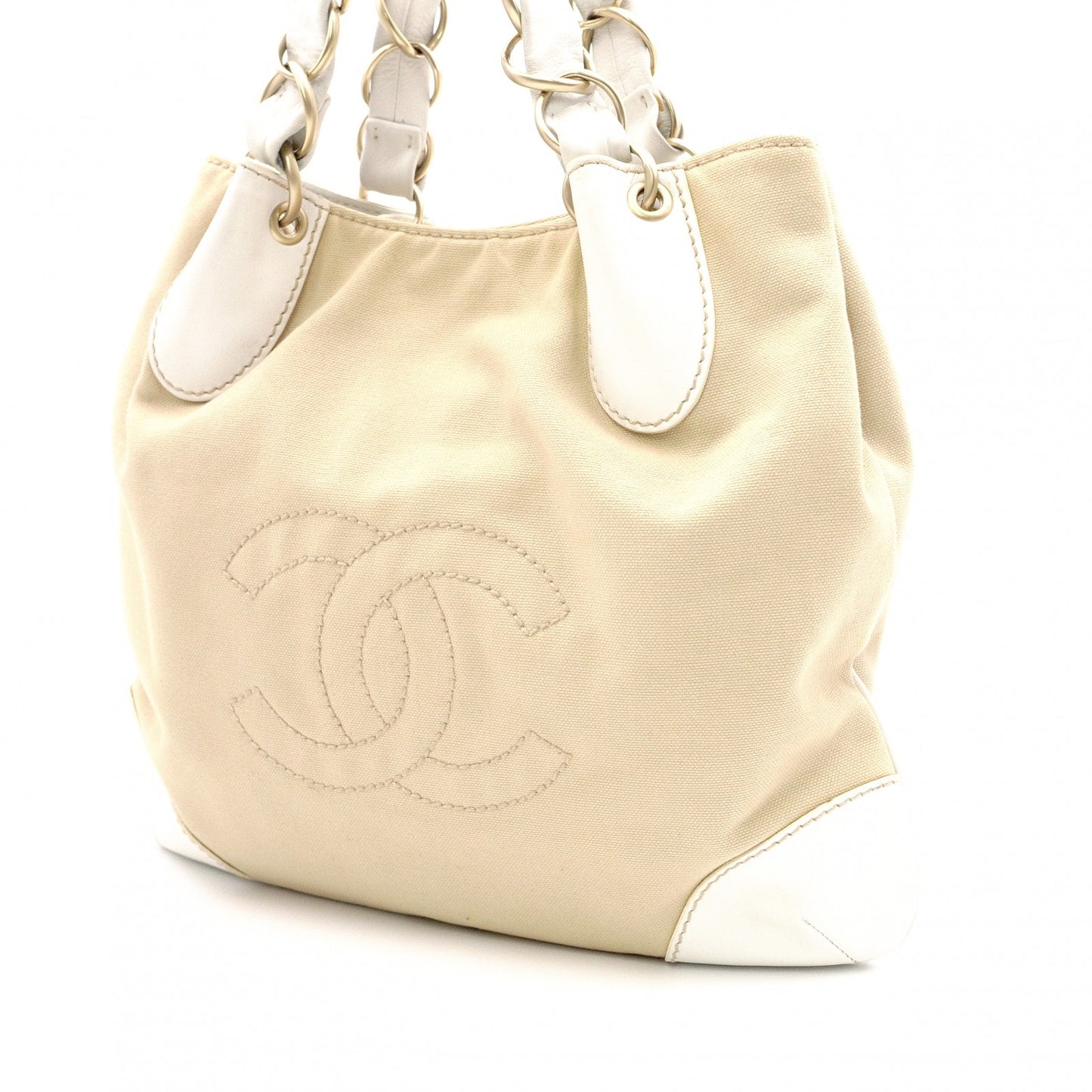 CHANEL Chain Tote Bag, Olsen Shoulder Bag, Canvas and Leather, Beige