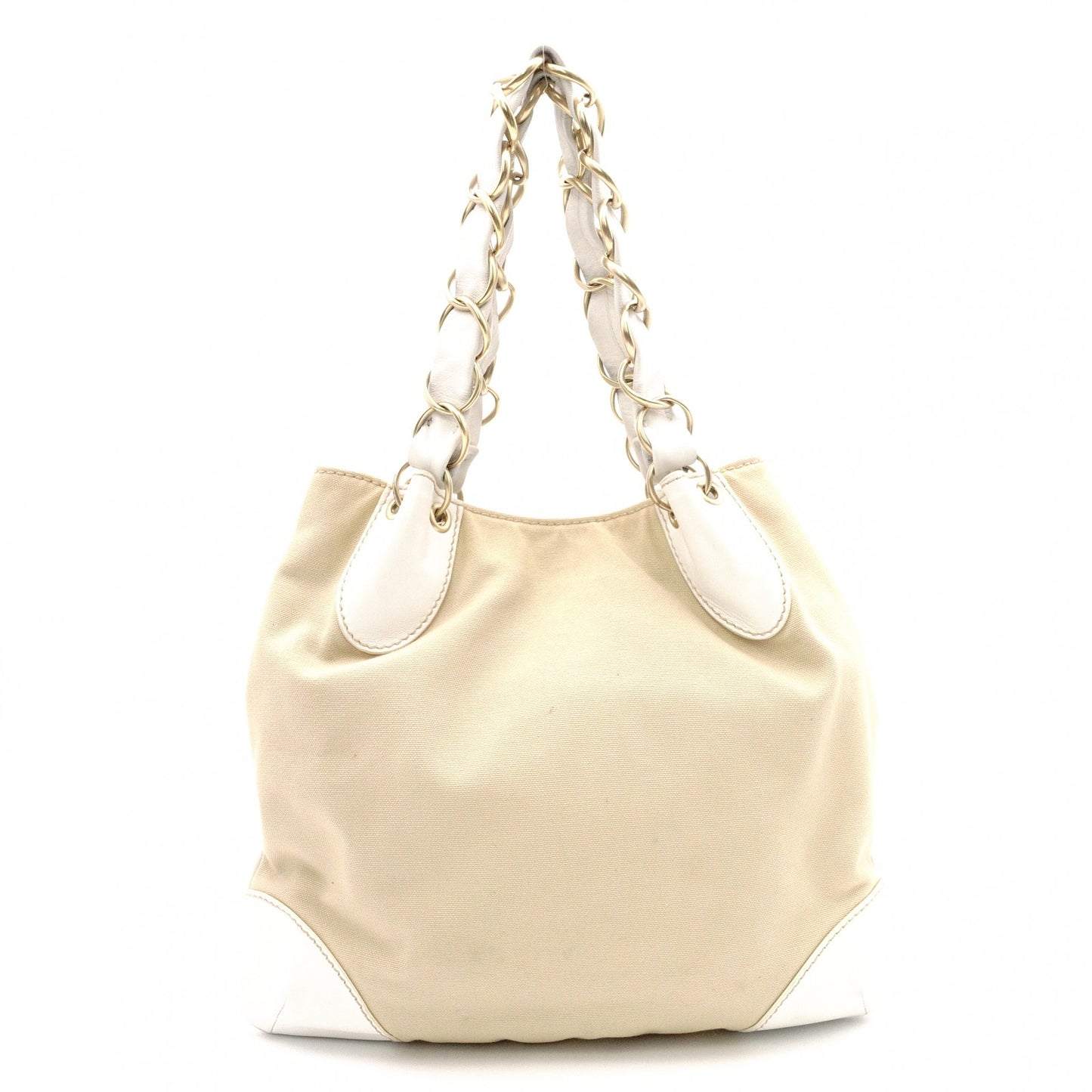 CHANEL Chain Tote Bag, Olsen Shoulder Bag, Canvas and Leather, Beige
