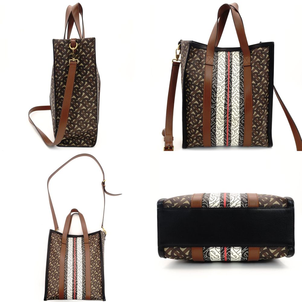 Burberry Small Monogram Stripe E Canvas Portrait Tote Bag PVC Leather Brown × Black 2-Way 7-10-542