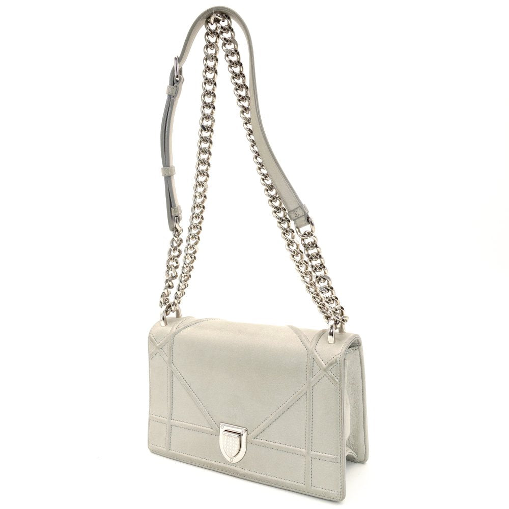 DIOR Diorama Chain Shoulder Bag Gray Suede Leather Crossbody Silver Hardware 7-10-544