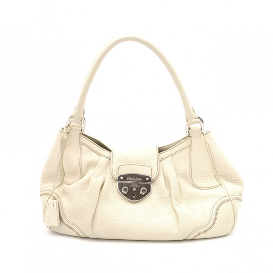 PRADA Vitello Daino Shoulder Bag / Handbag, Leather, White, Silver Hardware, Women's