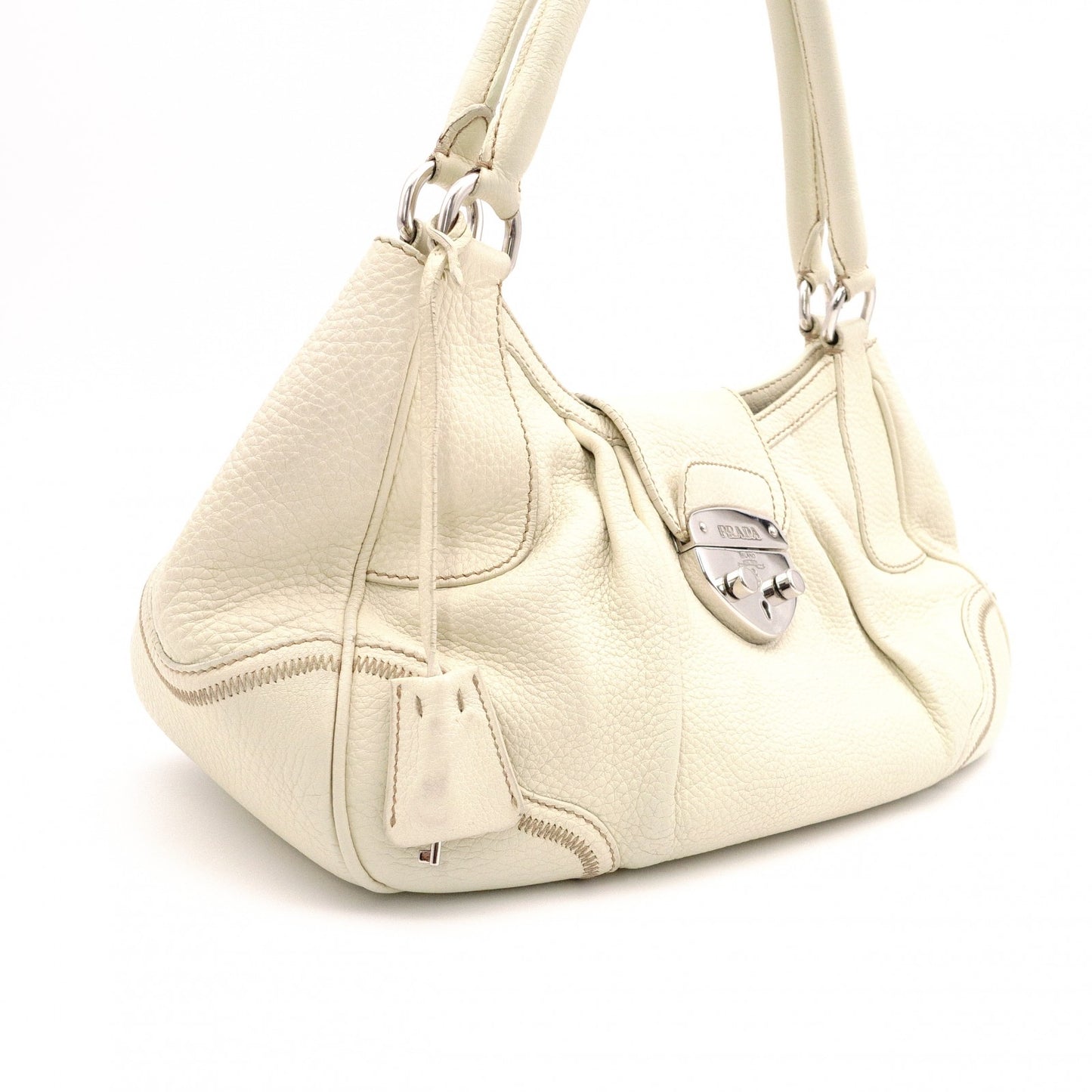 PRADA Vitello Daino Shoulder Bag / Handbag, Leather, White, Silver Hardware, Women's