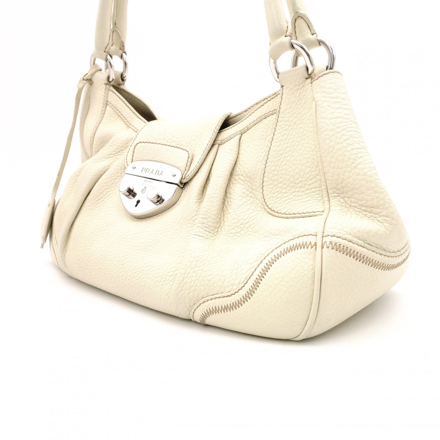 PRADA Vitello Daino Shoulder Bag / Handbag, Leather, White, Silver Hardware, Women's