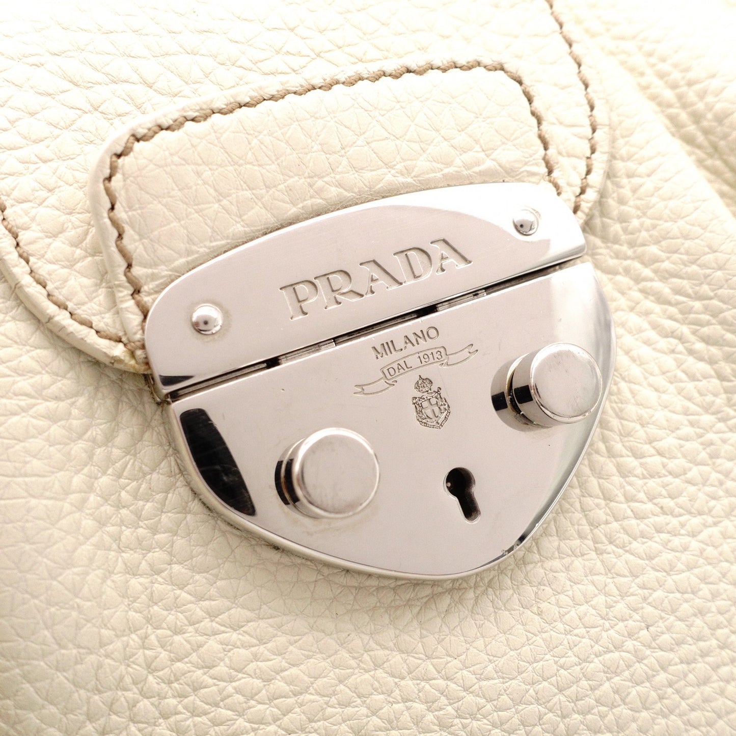 PRADA Vitello Daino Shoulder Bag / Handbag, Leather, White, Silver Hardware, Women's