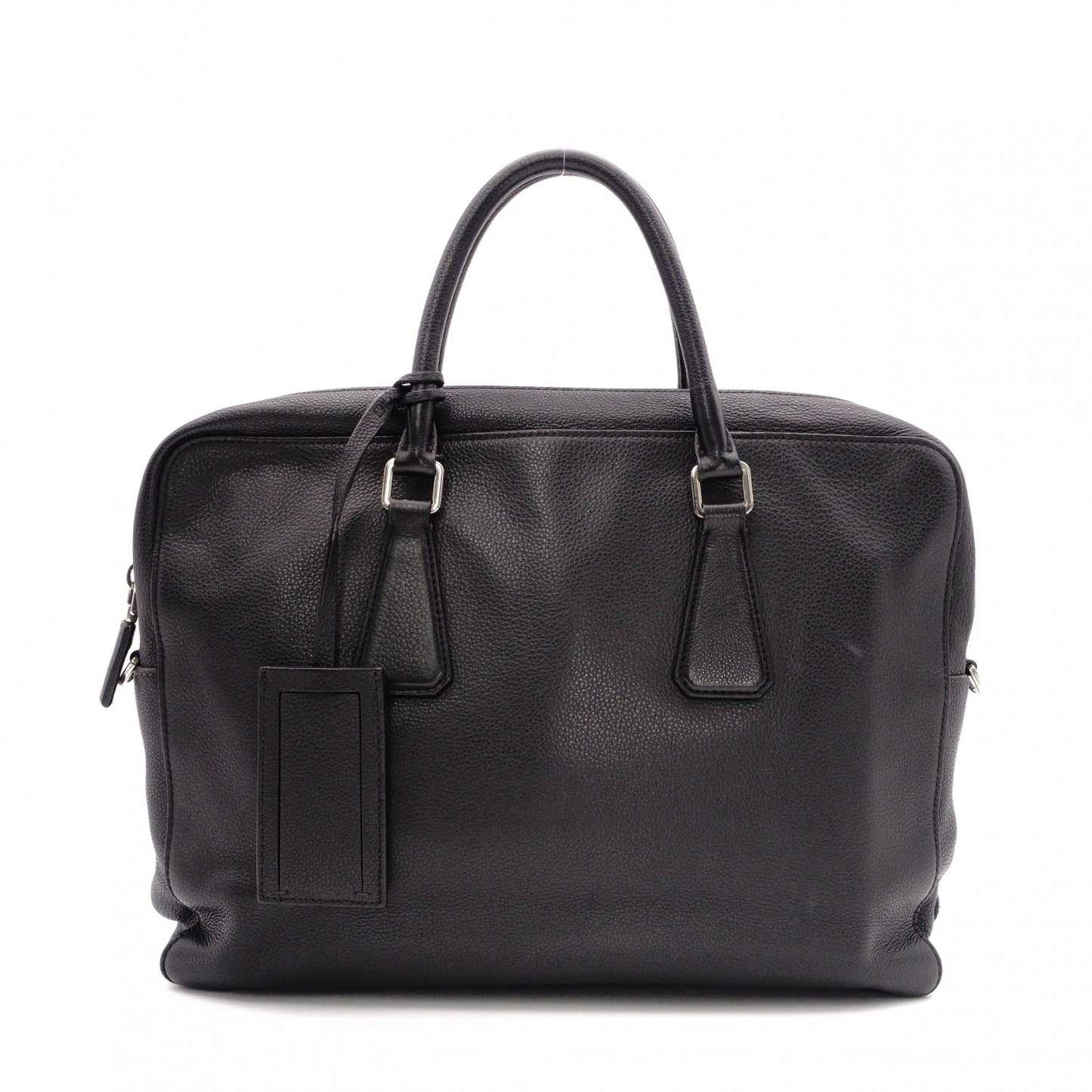 PRADA Leather Tote Bag, Black, Men's Business Bag, Briefcase, A4 Size, Silver Hardware