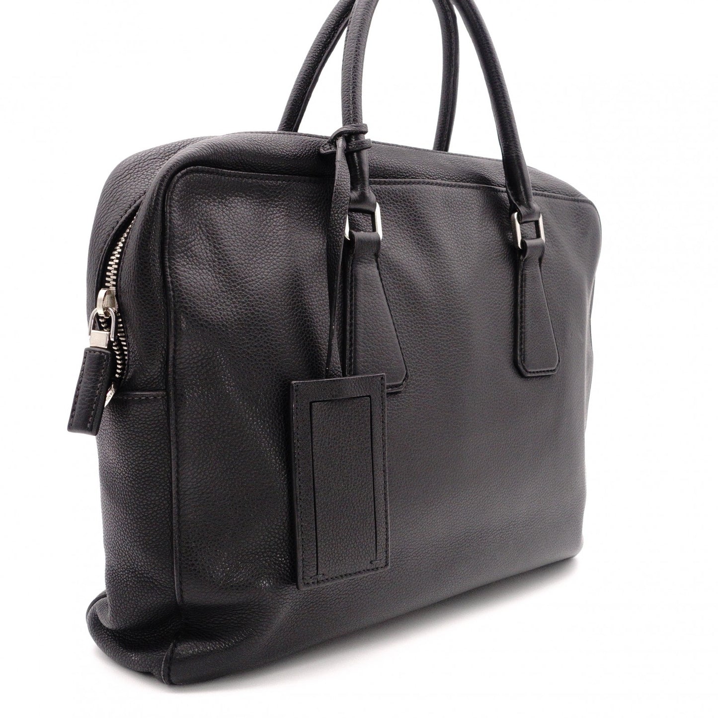 PRADA Leather Tote Bag, Black, Men's Business Bag, Briefcase, A4 Size, Silver Hardware