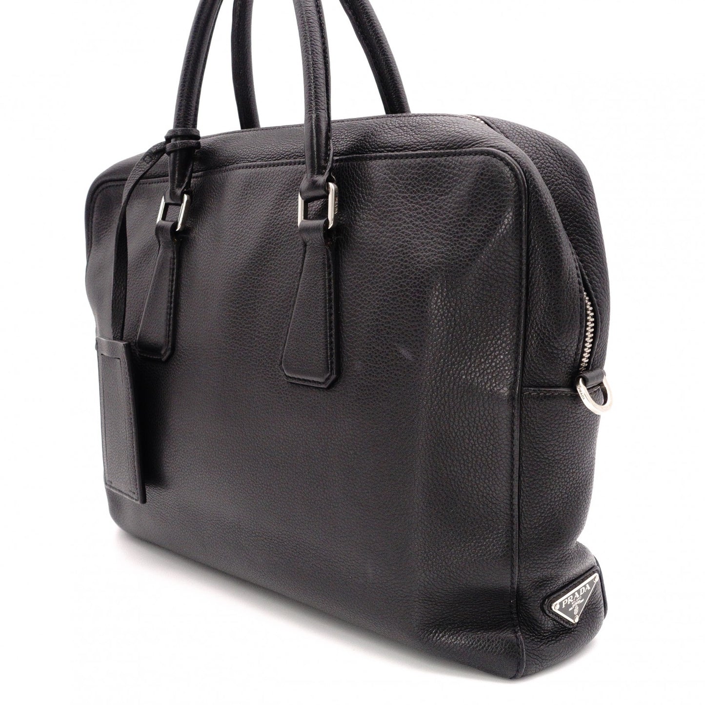 PRADA Leather Tote Bag, Black, Men's Business Bag, Briefcase, A4 Size, Silver Hardware