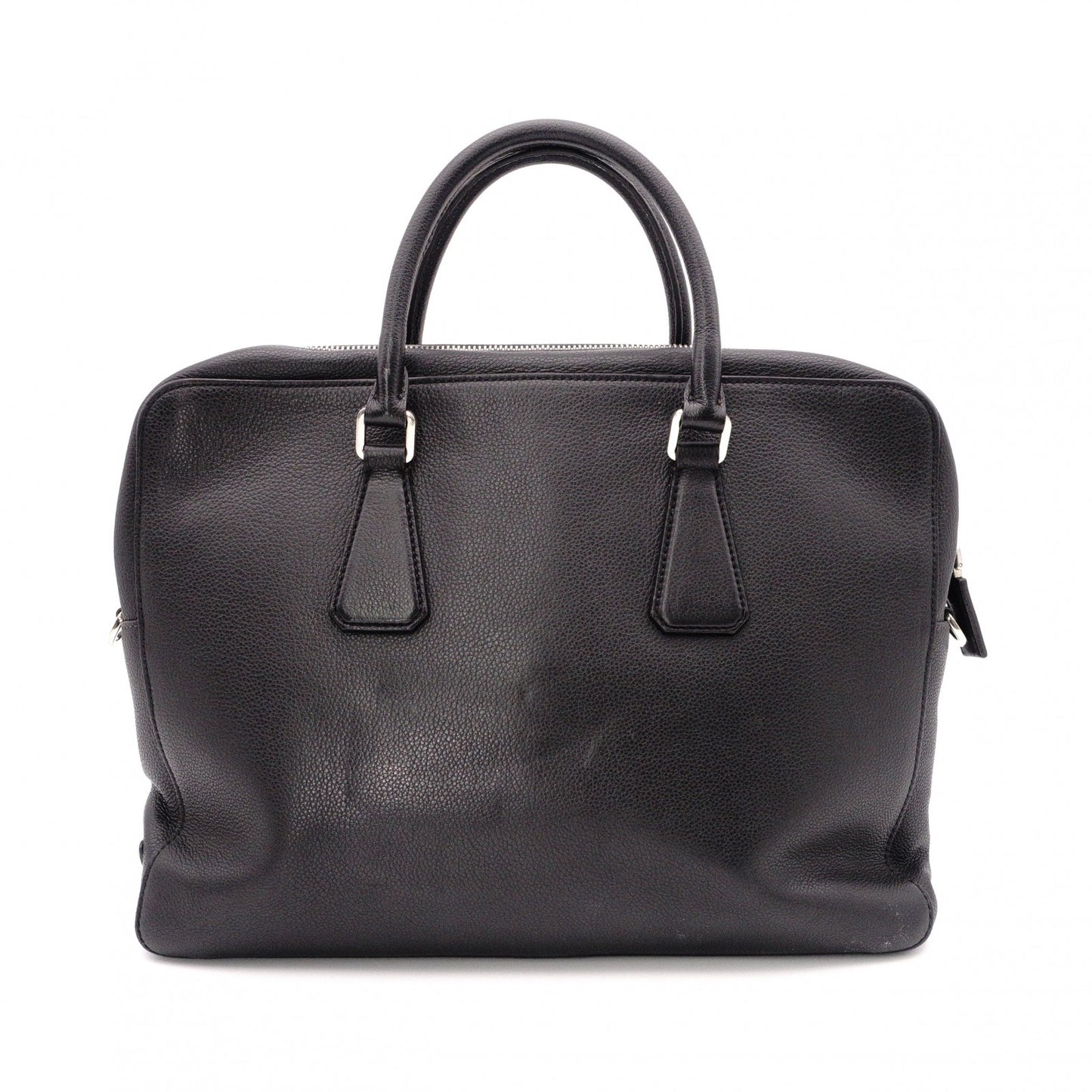 PRADA Leather Tote Bag, Black, Men's Business Bag, Briefcase, A4 Size, Silver Hardware