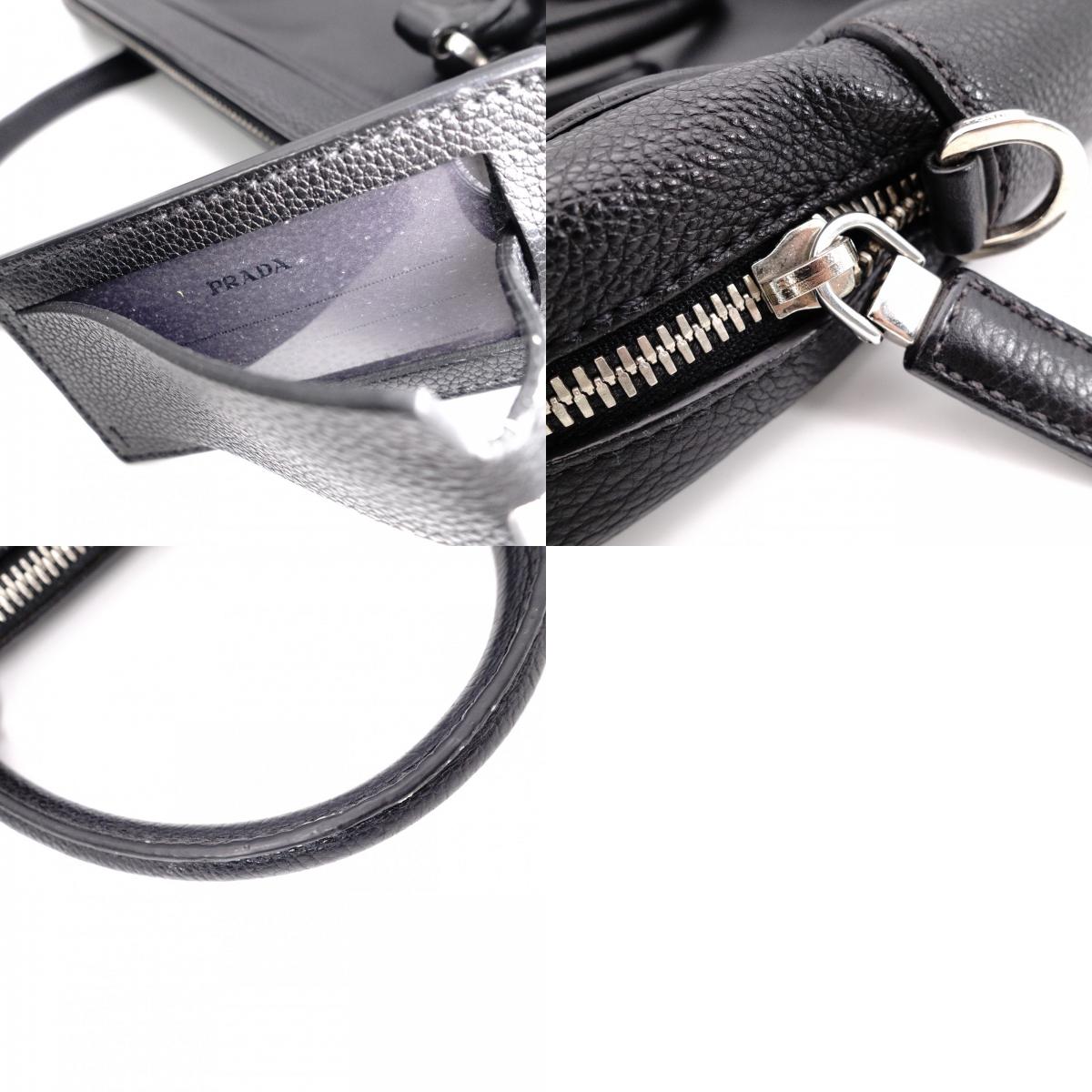 PRADA Leather Tote Bag, Black, Men's Business Bag, Briefcase, A4 Size, Silver Hardware