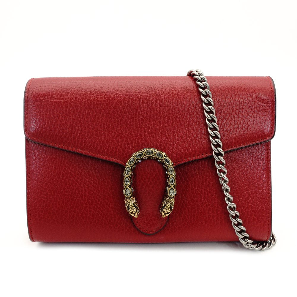 GUCCI Dionysus Leather Chain Shoulder Bag Red 401231 Red Crossbody Rhinestone 7-8-150