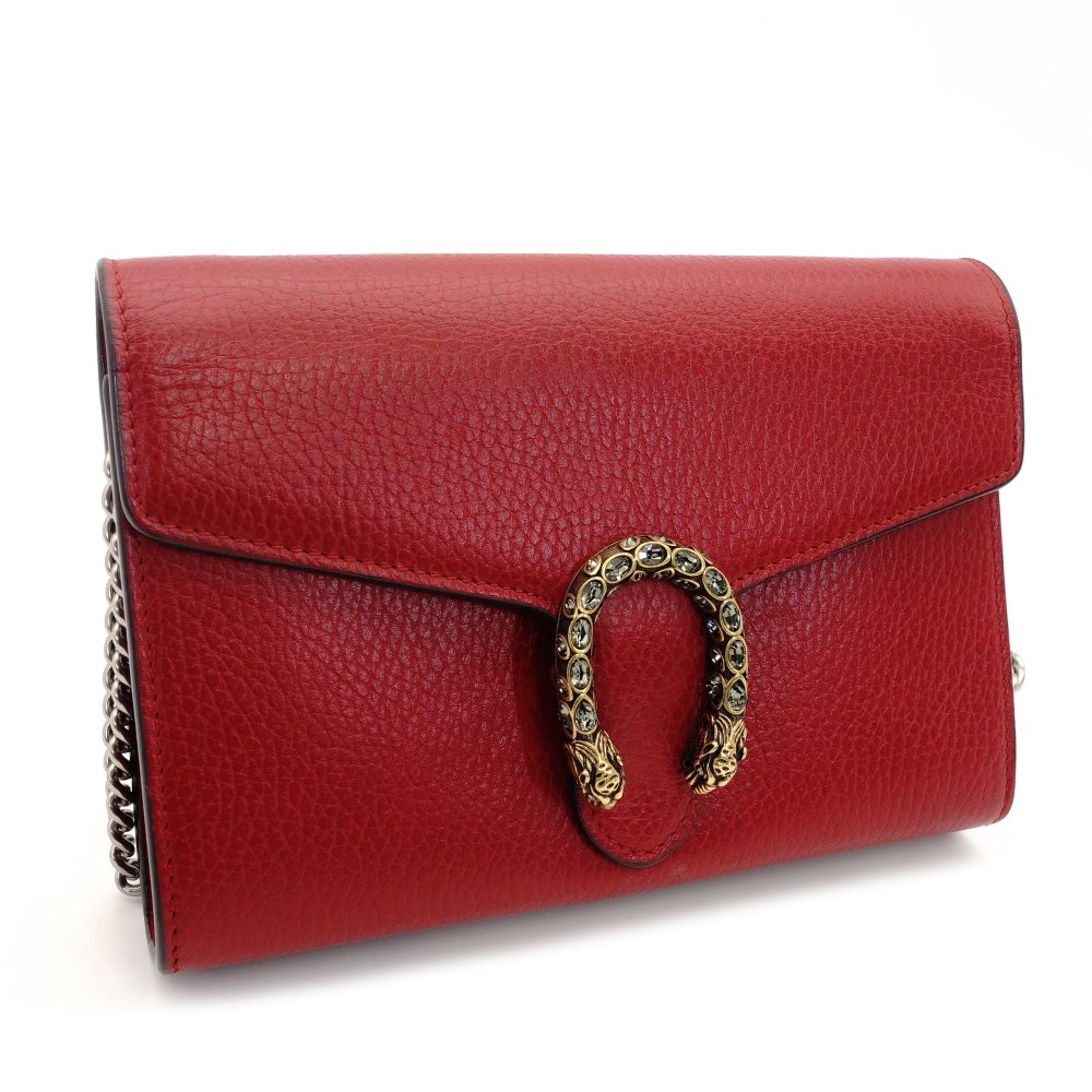 GUCCI Dionysus Leather Chain Shoulder Bag Red 401231 Red Crossbody Rhinestone 7-8-150