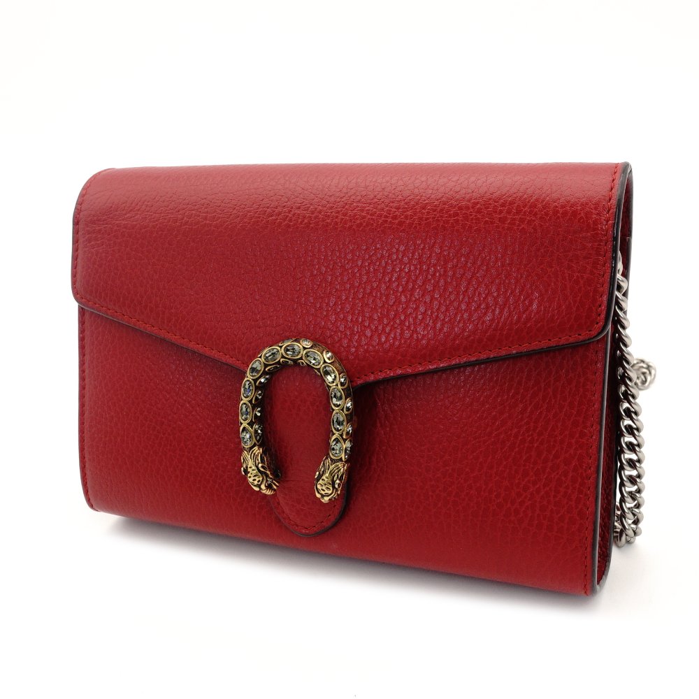 GUCCI Dionysus Leather Chain Shoulder Bag Red 401231 Red Crossbody Rhinestone 7-8-150