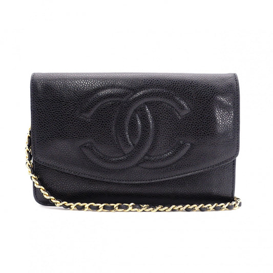 CHANEL Caviar Skin Chain Wallet Shoulder Bag, Leather, Black with Gold Hardware