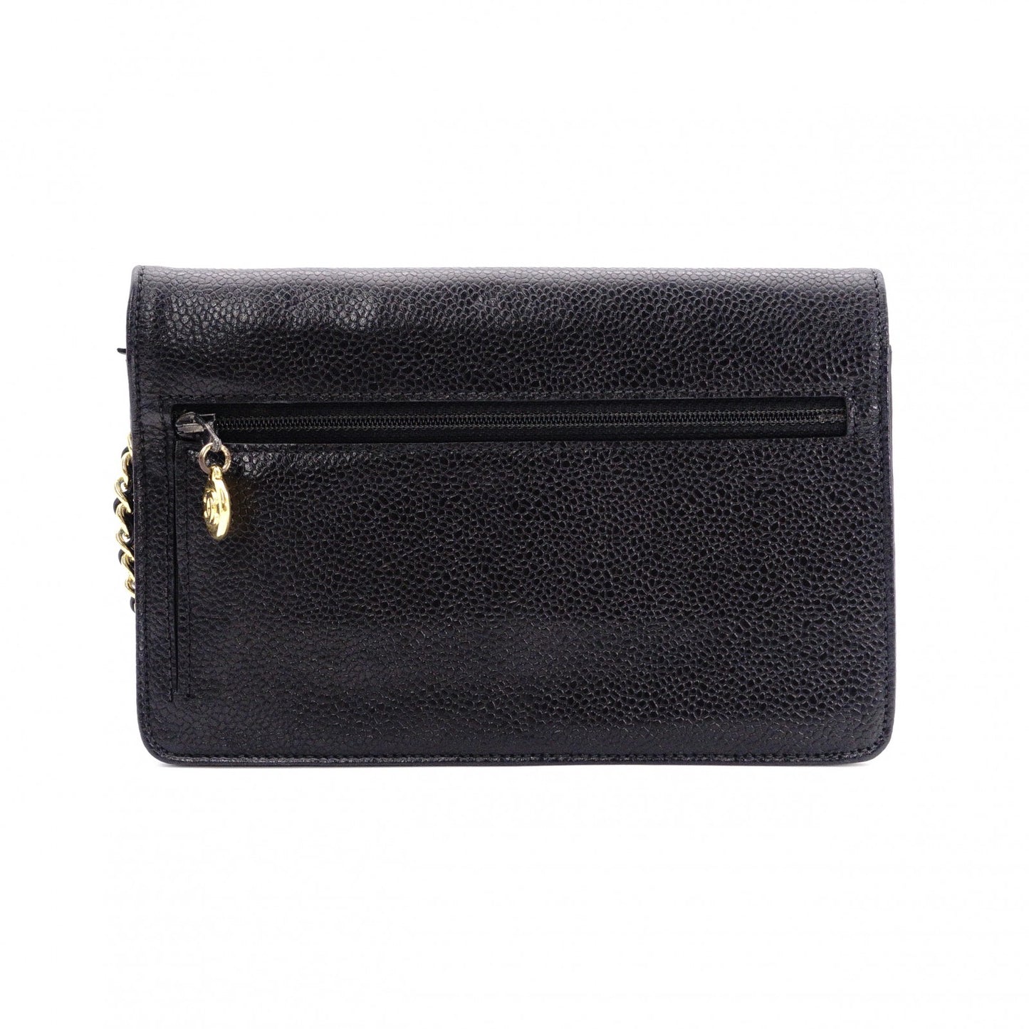 CHANEL Caviar Skin Chain Wallet Shoulder Bag, Leather, Black with Gold Hardware