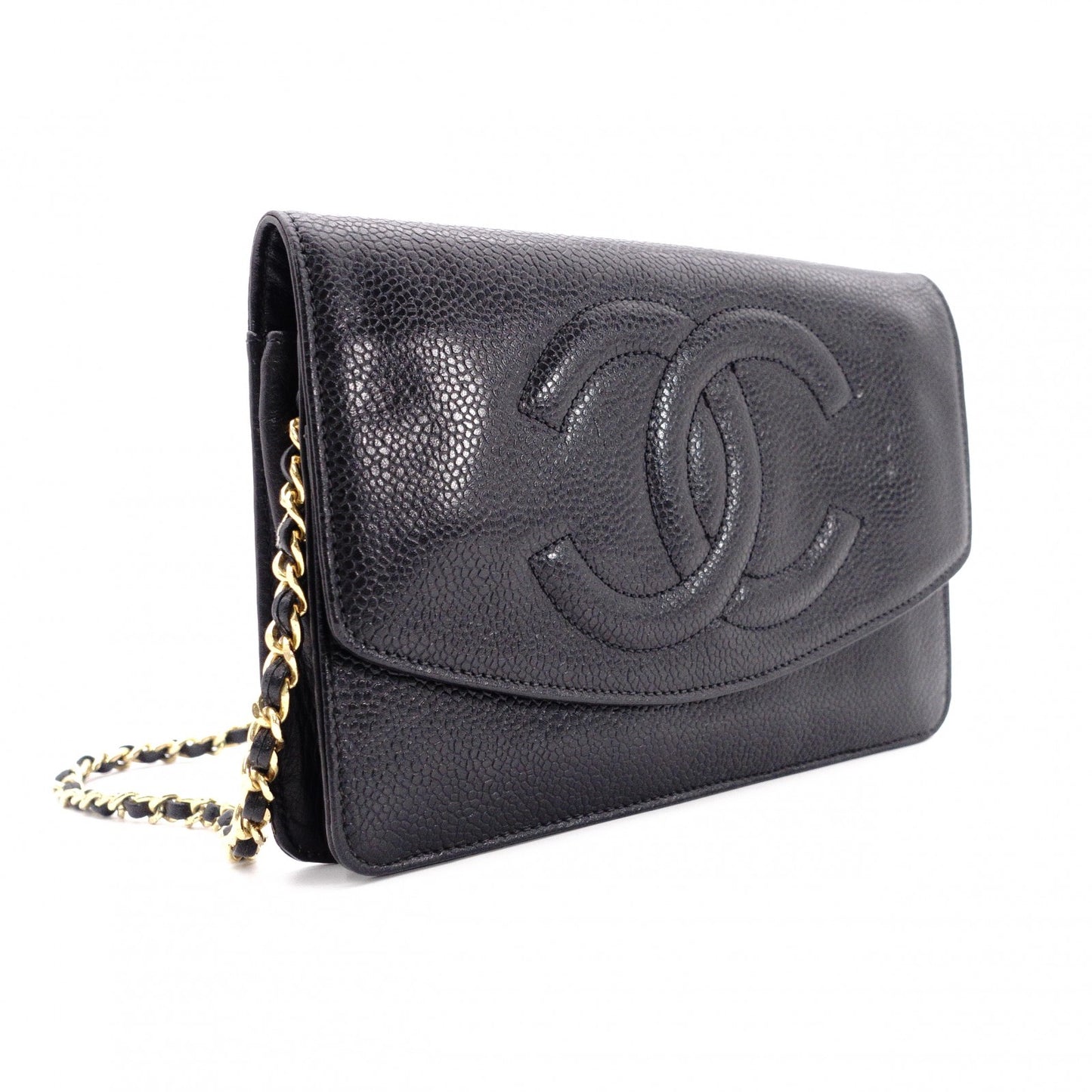 CHANEL Caviar Skin Chain Wallet Shoulder Bag, Leather, Black with Gold Hardware
