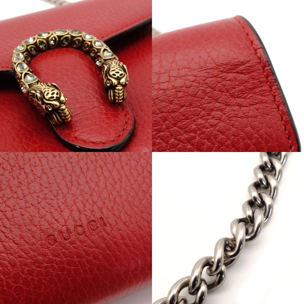 GUCCI Dionysus Leather Chain Shoulder Bag Red 401231 Red Crossbody Rhinestone 7-8-150