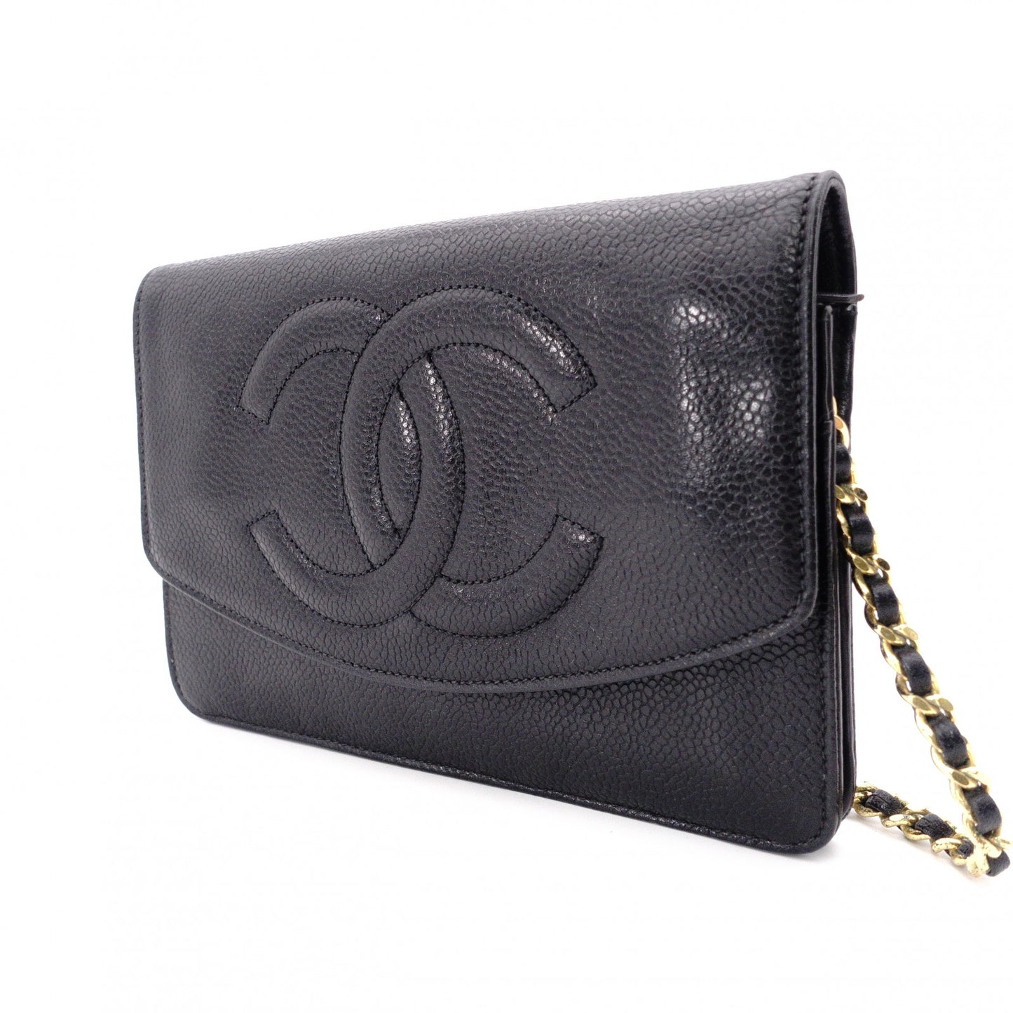 CHANEL Caviar Skin Chain Wallet Shoulder Bag, Leather, Black with Gold Hardware