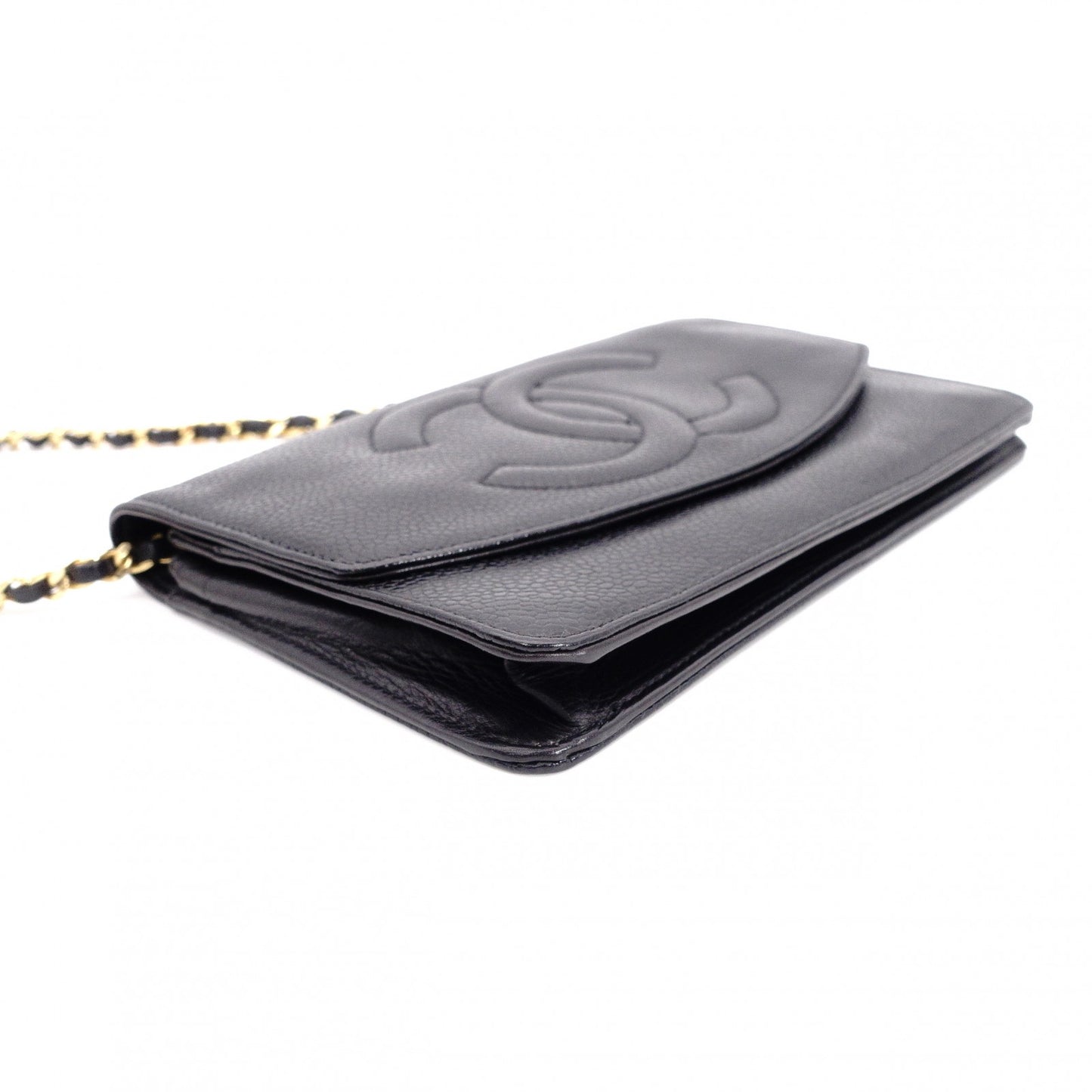 CHANEL Caviar Skin Chain Wallet Shoulder Bag, Leather, Black with Gold Hardware